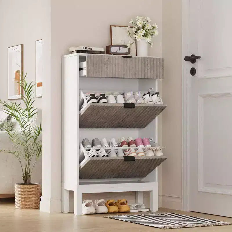 Meuble à Chaussures avec 2 Tiroirs Abattants, Range-Chaussures d'Entrée en Bois avec Pieds en Fer