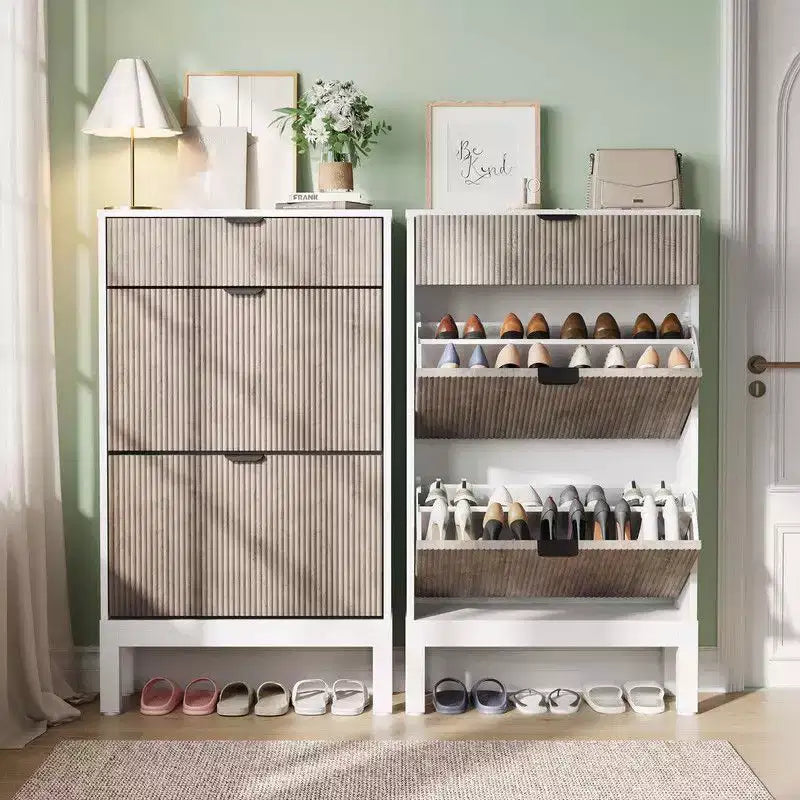 Meuble à Chaussures avec 2 Tiroirs Abattants, Range-Chaussures d'Entrée en Bois avec Pieds en Fer
