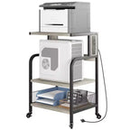 Meuble d'imprimante roulant à 3 niveaux avec prise de courant, étagère de rangement réglable et roulettes pour bureau à domicile, télécopieur, scanner