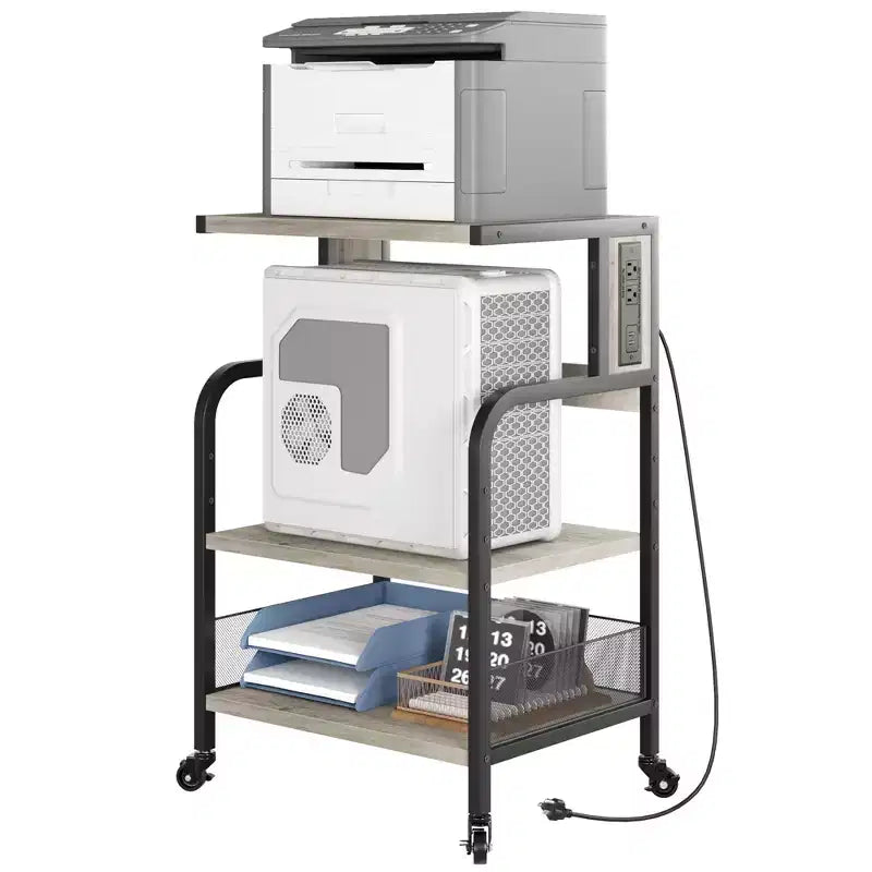 Meuble d'imprimante roulant à 3 niveaux avec prise de courant, étagère de rangement réglable et roulettes pour bureau à domicile, télécopieur, scanner