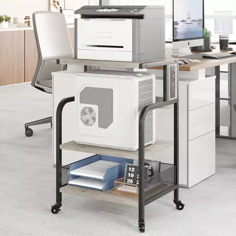Meuble d'imprimante roulant à 3 niveaux avec prise de courant, étagère de rangement réglable et roulettes pour bureau à domicile, télécopieur, scanner