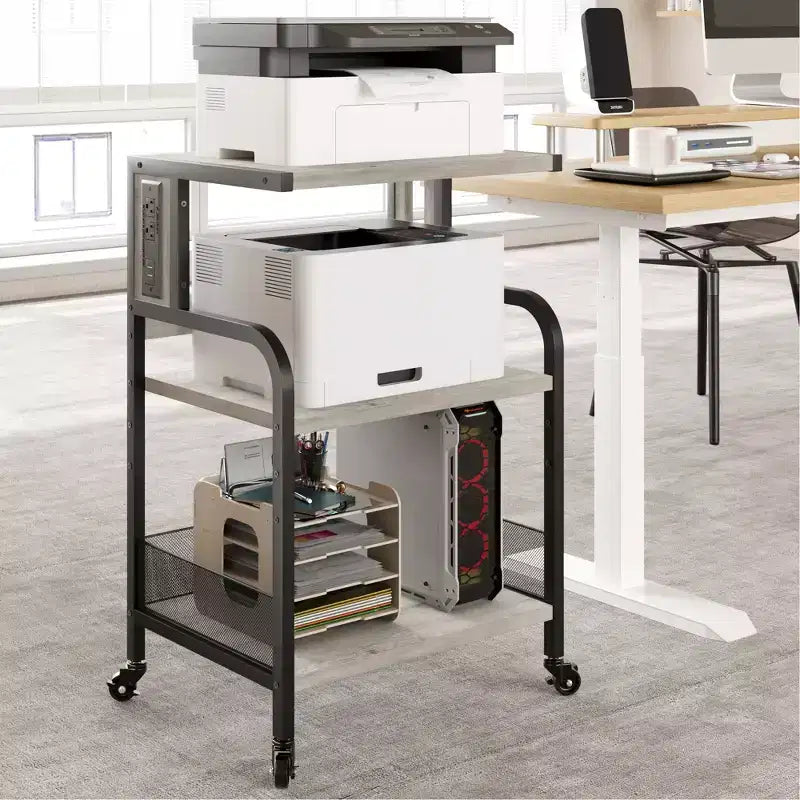Meuble d'imprimante roulant à 3 niveaux avec prise de courant, étagère de rangement réglable et roulettes pour bureau à domicile, télécopieur, scanner