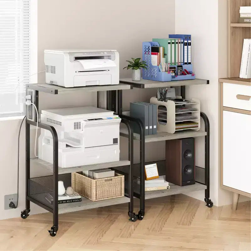 Meuble d'imprimante roulant à 3 niveaux avec prise de courant, étagère de rangement réglable et roulettes pour bureau à domicile, télécopieur, scanner
