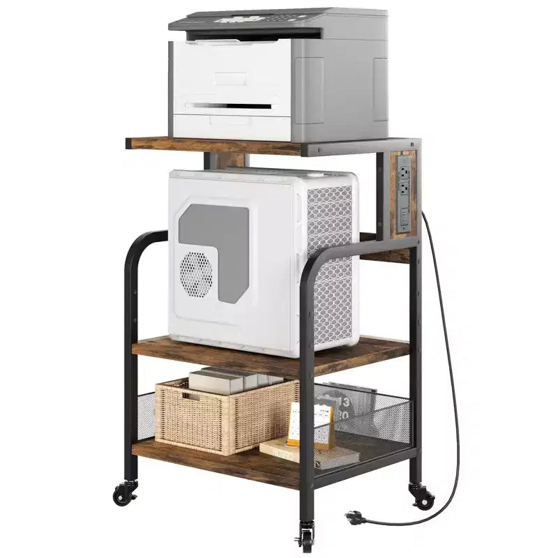 Meuble d'imprimante roulant à 3 niveaux avec prise de courant, étagère de rangement réglable et roulettes pour bureau à domicile, télécopieur, scanner