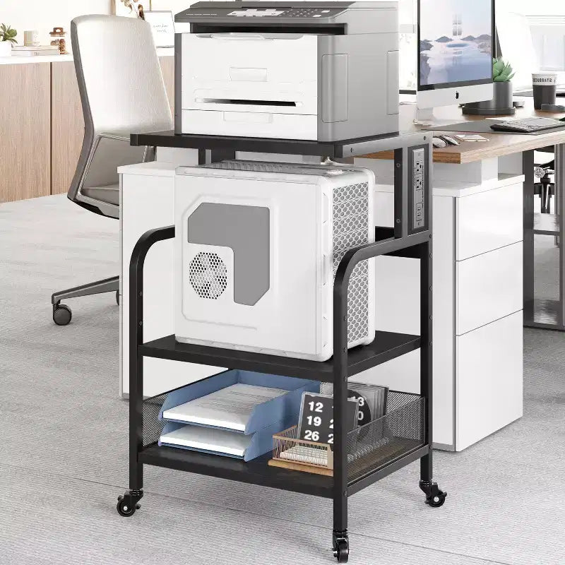 Meuble d'imprimante roulant à 3 niveaux avec prise de courant, étagère de rangement réglable et roulettes pour bureau à domicile, télécopieur, scanner