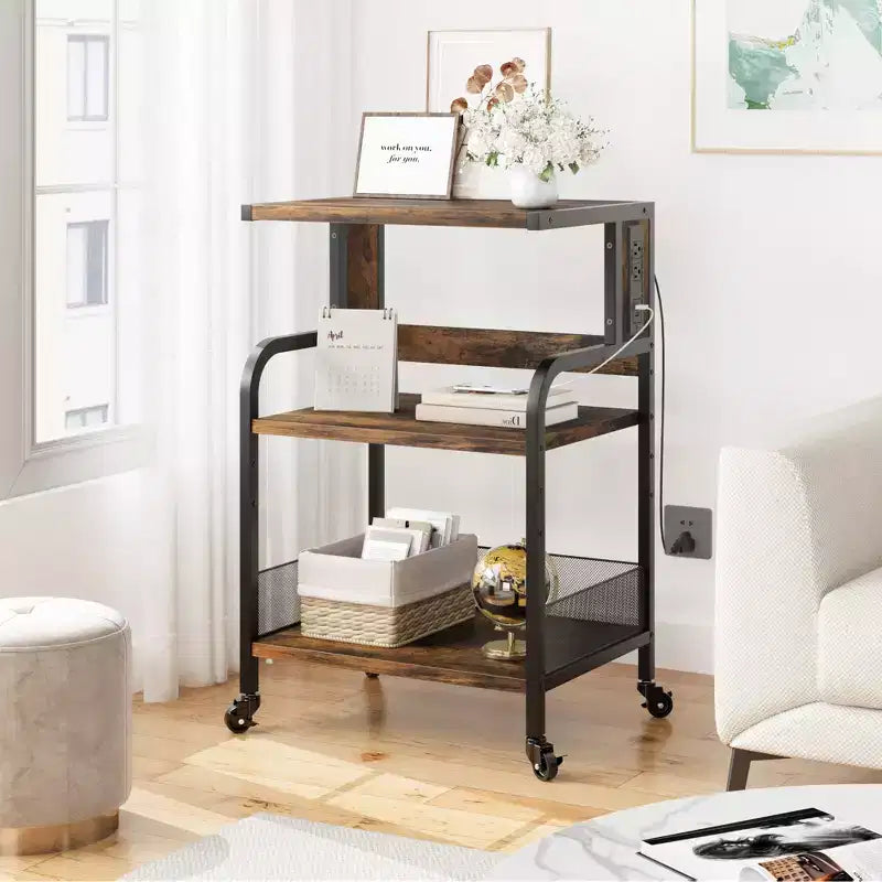 Meuble d'imprimante roulant à 3 niveaux avec prise de courant, étagère de rangement réglable et roulettes pour bureau à domicile, télécopieur, scanner