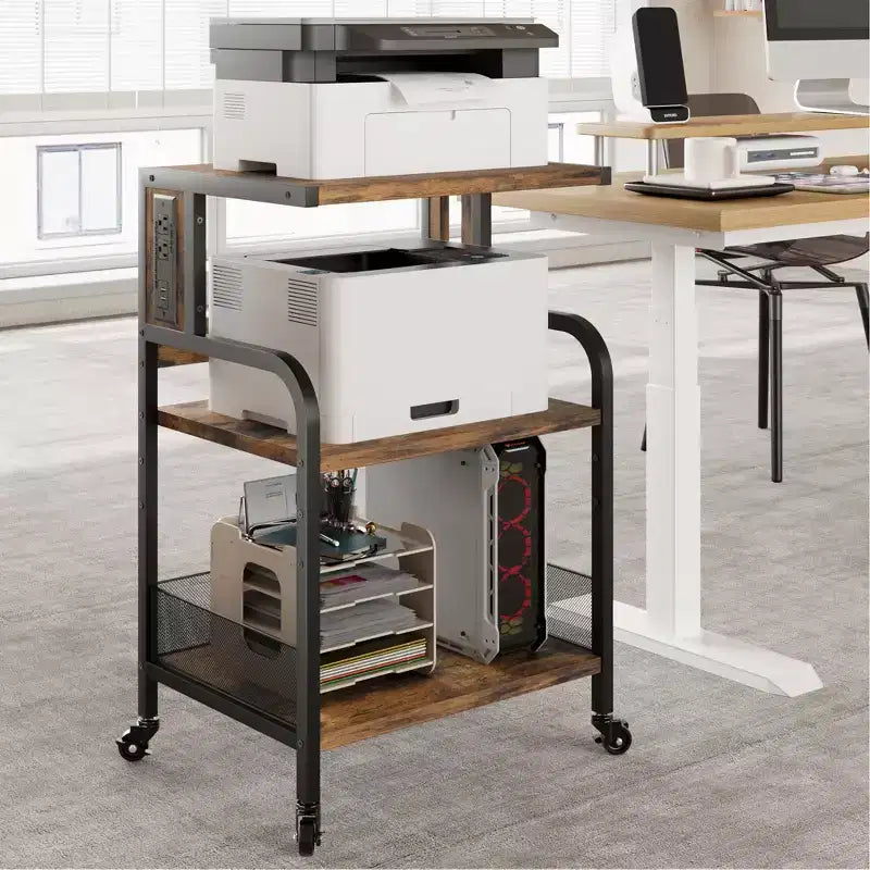 Meuble d'imprimante roulant à 3 niveaux avec prise de courant, étagère de rangement réglable et roulettes pour bureau à domicile, télécopieur, scanner