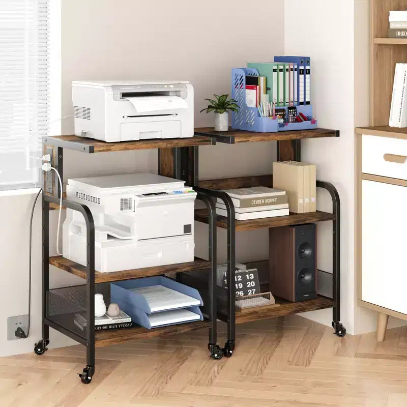 Meuble d'imprimante roulant à 3 niveaux avec prise de courant, étagère de rangement réglable et roulettes pour bureau à domicile, télécopieur, scanner
