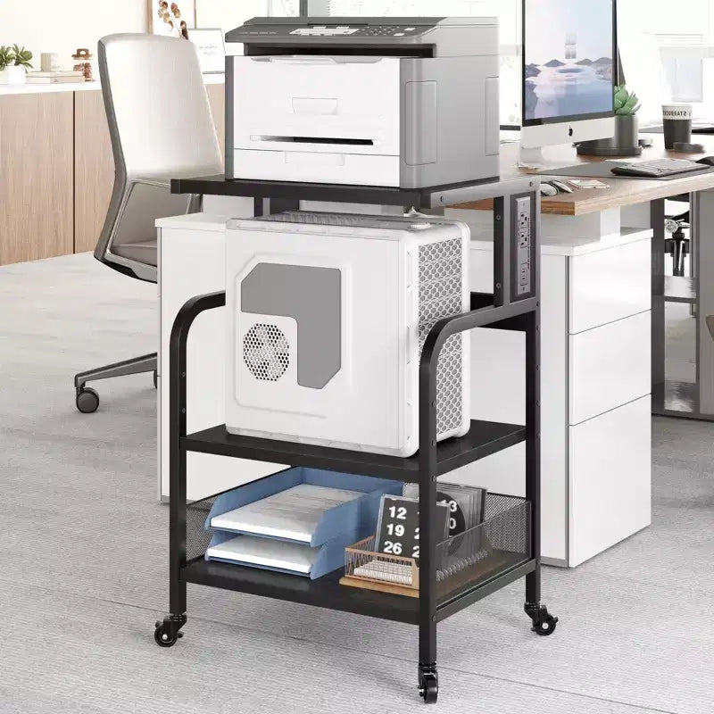 Meuble d'imprimante roulant à 3 niveaux avec prise de courant, étagère de rangement réglable et roulettes pour bureau à domicile, télécopieur, scanner