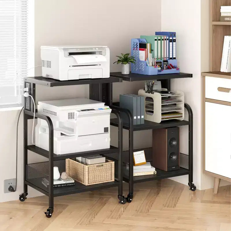Meuble d'imprimante roulant à 3 niveaux avec prise de courant, étagère de rangement réglable et roulettes pour bureau à domicile, télécopieur, scanner