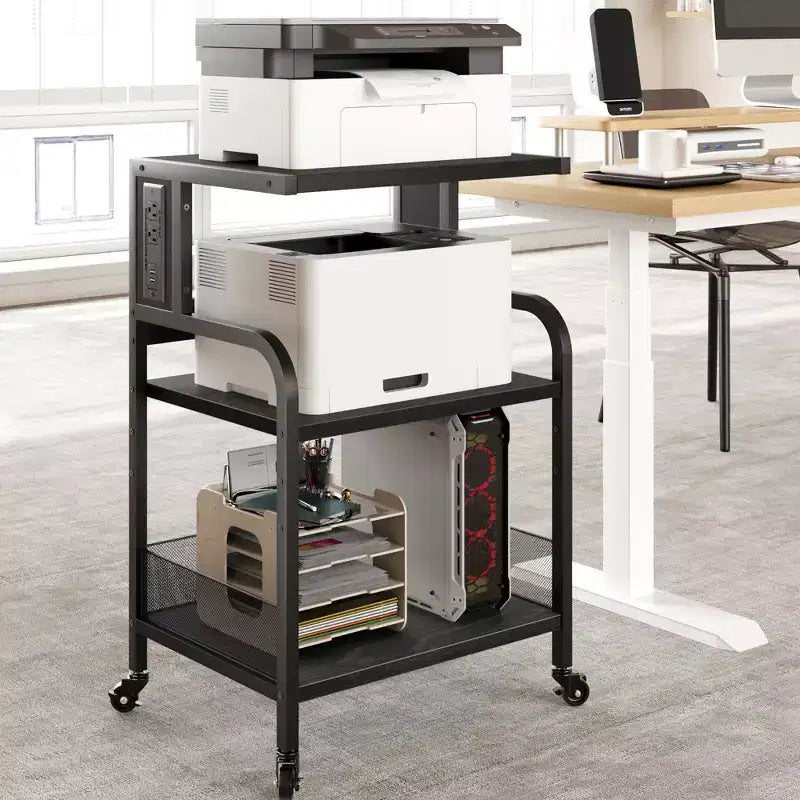 Meuble d'imprimante roulant à 3 niveaux avec prise de courant, étagère de rangement réglable et roulettes pour bureau à domicile, télécopieur, scanner