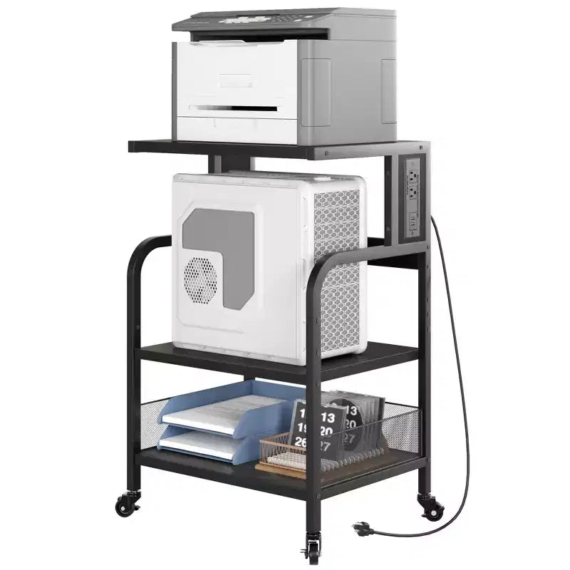 COZONY 3-Tier Rolling Printer Stand with Power Outlet, Adjustable Storage Shelf & Wheels for Home Office, Fax Machine, Scanner