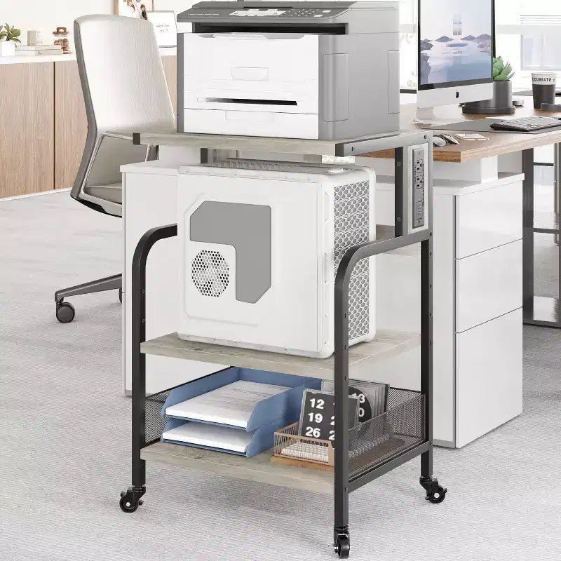 Meuble d'imprimante roulant à 3 niveaux avec prise de courant, étagère de rangement réglable et roulettes pour bureau à domicile, télécopieur, scanner