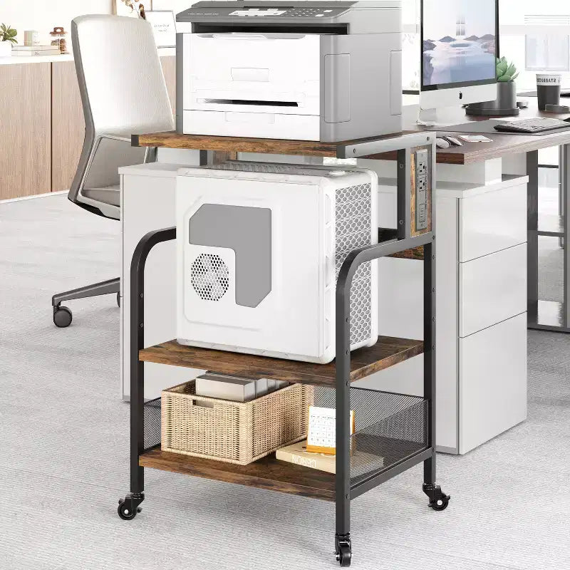 Meuble d'imprimante roulant à 3 niveaux avec prise de courant, étagère de rangement réglable et roulettes pour bureau à domicile, télécopieur, scanner