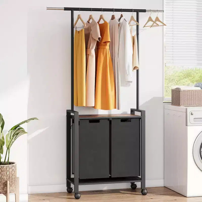Laundry Sorter, Rolling Laundry Hamper 2/3-Section with Wheels & Hanging Rack - 39 Gallon Oxford Cloth Bags, Open Shelf for Laundry Room