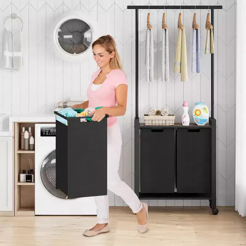 Trieur de linge, panier à linge roulant à 2/3 sections avec roues et étendoir – Sacs en tissu Oxford de 147 litres, étagère ouverte pour buanderie
