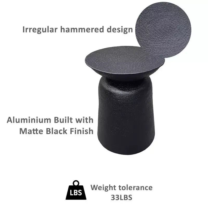 Table d'appoint ronde de 21 pouces, design martelé à la main, base en aluminium en forme de tambour