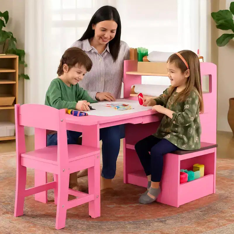 Table et chaises d'activités pour enfants, bureau d'activités en bois avec grand espace de rangement, bureau artistique multifonctionnel