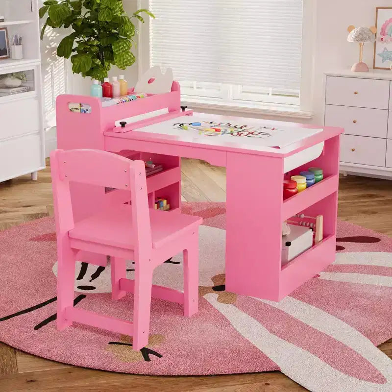 Table et chaises d'activités pour enfants, bureau d'activités en bois avec grand espace de rangement, bureau artistique multifonctionnel