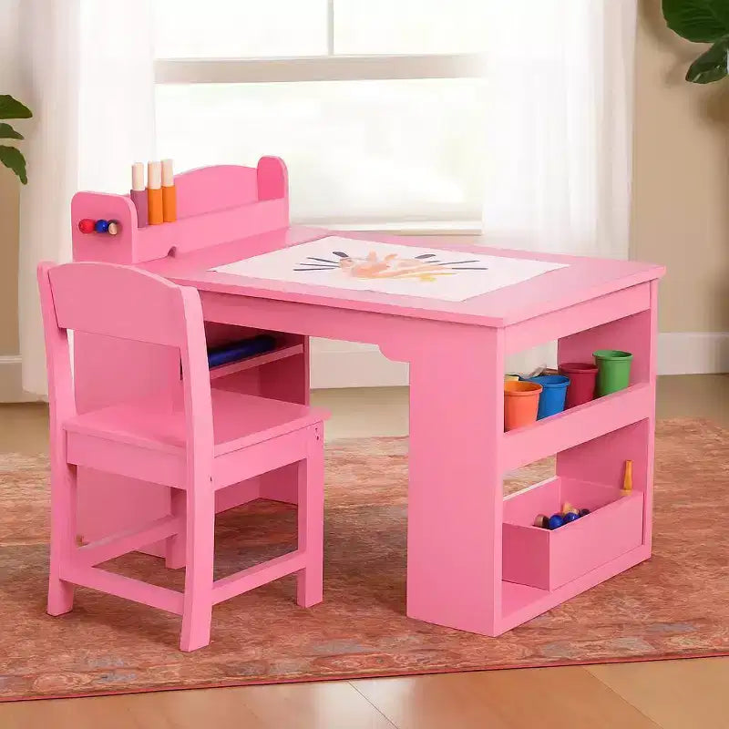 Table et chaises d'activités pour enfants, bureau d'activités en bois avec grand espace de rangement, bureau artistique multifonctionnel