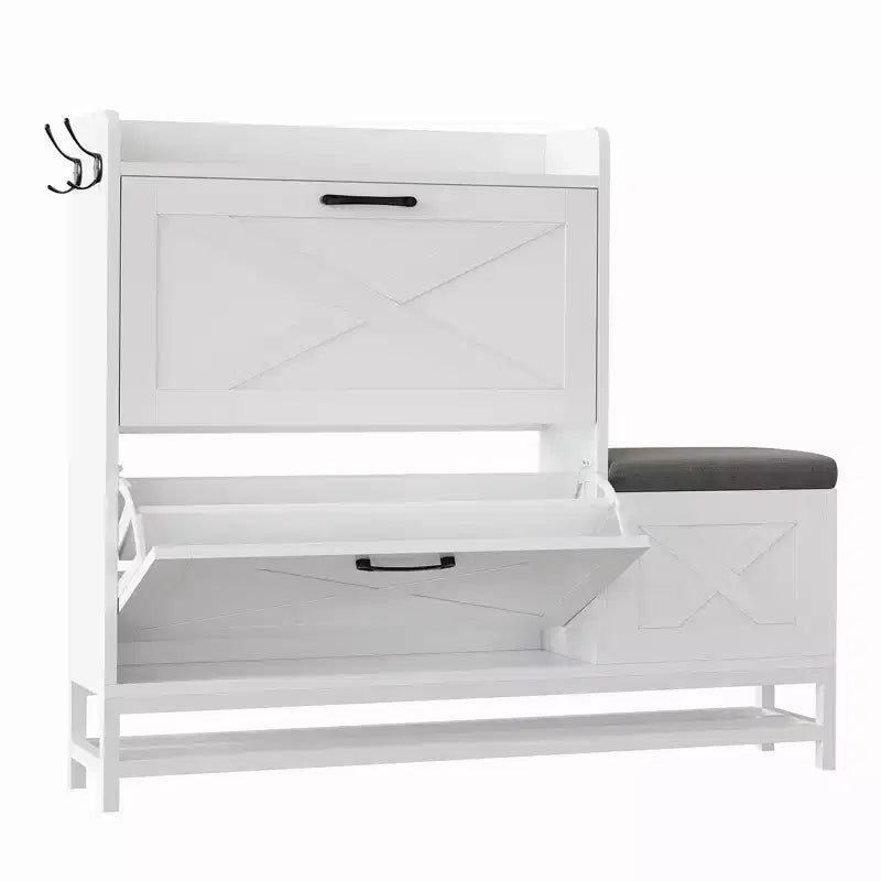 Meuble à chaussures avec 2 tiroirs basculants et coussin d'assise rembourré, pour entrée, couloir, en bois antiseptique