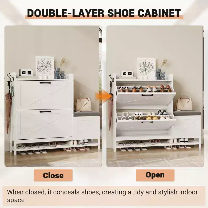Meuble à chaussures avec 2 tiroirs basculants et coussin d'assise rembourré, pour entrée, couloir, en bois antiseptique