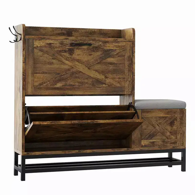 Meuble à chaussures avec 2 tiroirs basculants et coussin d'assise rembourré, pour entrée, couloir, en bois antiseptique