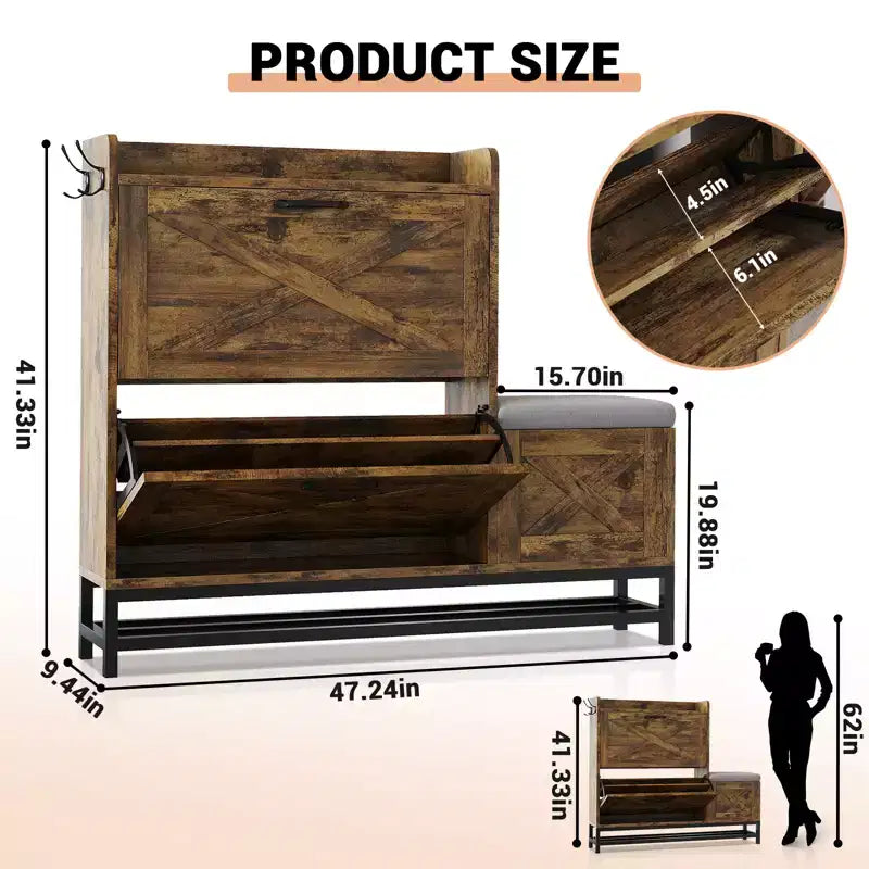 Meuble à chaussures avec 2 tiroirs basculants et coussin d'assise rembourré, pour entrée, couloir, en bois antiseptique