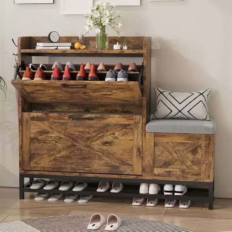 Meuble à chaussures avec 2 tiroirs basculants et coussin d'assise rembourré, pour entrée, couloir, en bois antiseptique