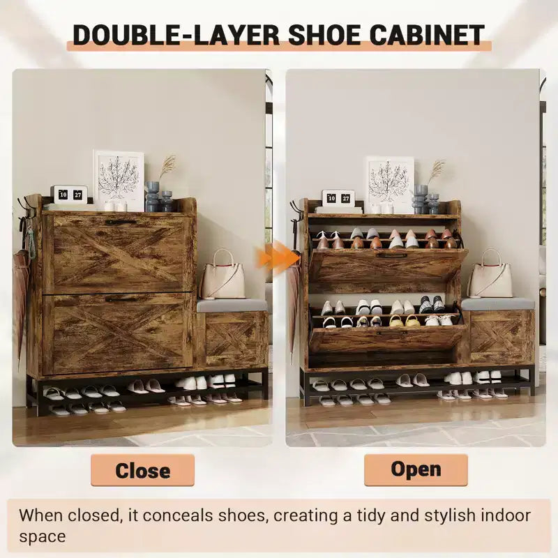 Meuble à chaussures avec 2 tiroirs basculants et coussin d'assise rembourré, pour entrée, couloir, en bois antiseptique
