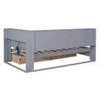 Lit de repos avec bibliothèque en L et 2 tiroirs, lit de jour en bois avec étagère de rangement et ports de chargement USB