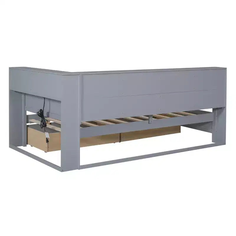 Lit de repos avec bibliothèque en L et 2 tiroirs, lit de jour en bois avec étagère de rangement et ports de chargement USB