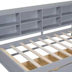 Lit de repos avec bibliothèque en L et 2 tiroirs, lit de jour en bois avec étagère de rangement et ports de chargement USB