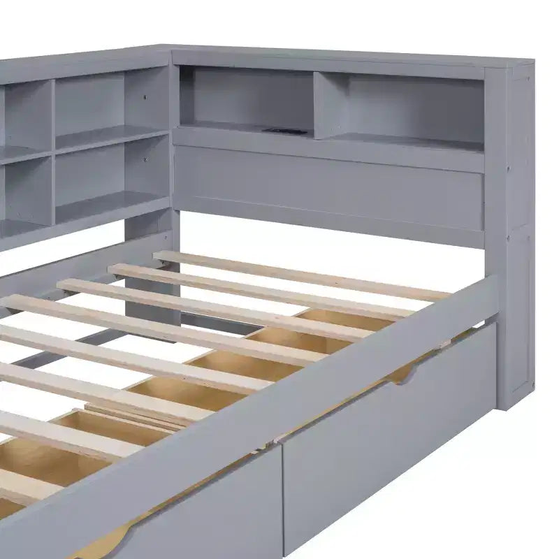 Lit de repos avec bibliothèque en L et 2 tiroirs, lit de jour en bois avec étagère de rangement et ports de chargement USB