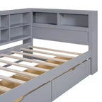 Lit de repos avec bibliothèque en L et 2 tiroirs, lit de jour en bois avec étagère de rangement et ports de chargement USB