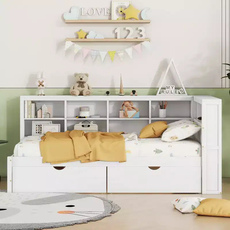 Lit de repos avec bibliothèque en L et 2 tiroirs, lit de jour en bois avec étagère de rangement et ports de chargement USB