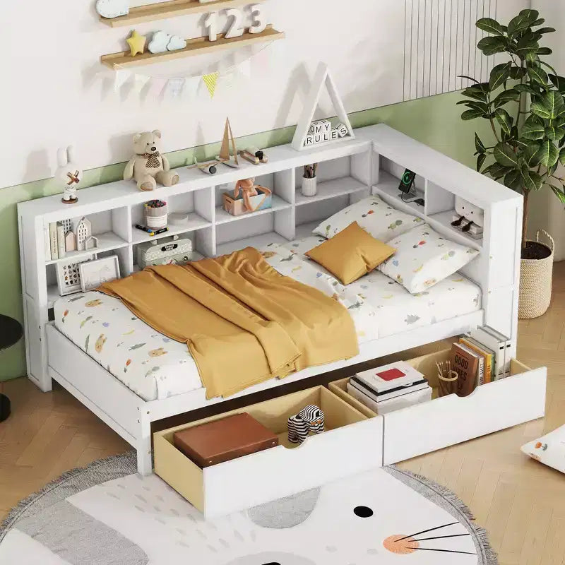 Lit de repos avec bibliothèque en L et 2 tiroirs, lit de jour en bois avec étagère de rangement et ports de chargement USB