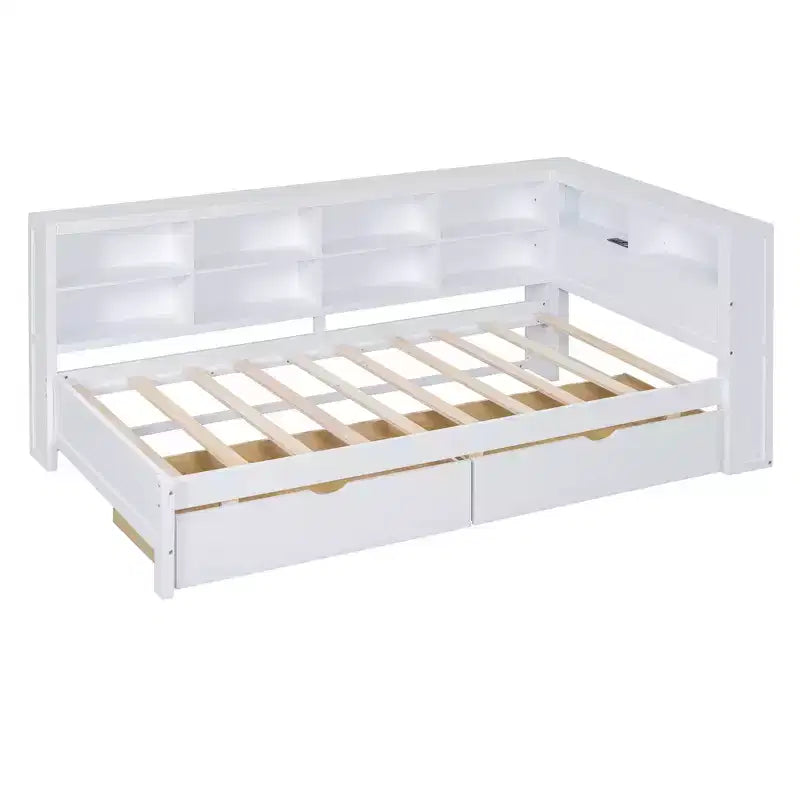 Lit de repos avec bibliothèque en L et 2 tiroirs, lit de jour en bois avec étagère de rangement et ports de chargement USB