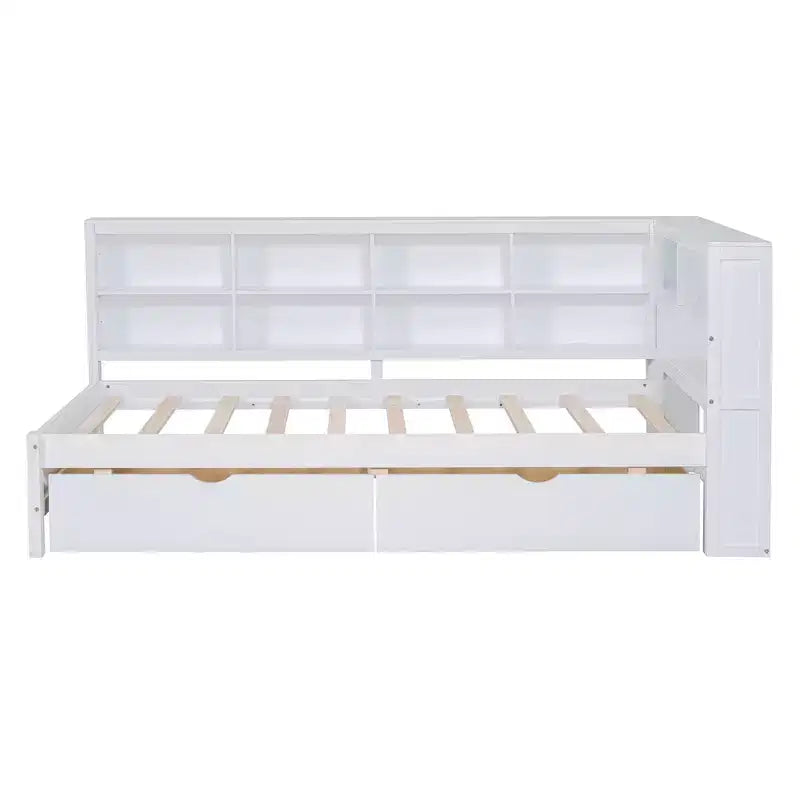 Lit de repos avec bibliothèque en L et 2 tiroirs, lit de jour en bois avec étagère de rangement et ports de chargement USB