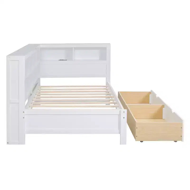 Lit de repos avec bibliothèque en L et 2 tiroirs, lit de jour en bois avec étagère de rangement et ports de chargement USB