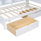 Lit de repos avec bibliothèque en L et 2 tiroirs, lit de jour en bois avec étagère de rangement et ports de chargement USB
