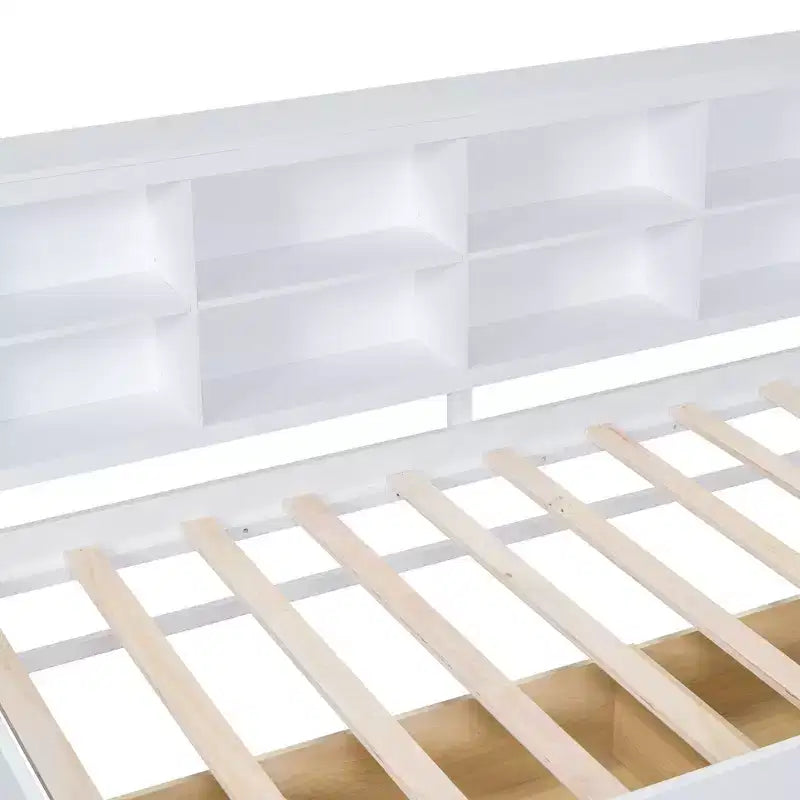 Lit de repos avec bibliothèque en L et 2 tiroirs, lit de jour en bois avec étagère de rangement et ports de chargement USB