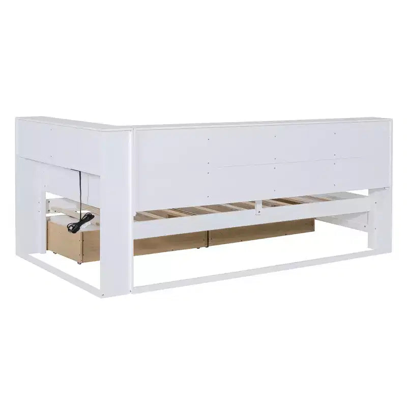 Lit de repos avec bibliothèque en L et 2 tiroirs, lit de jour en bois avec étagère de rangement et ports de chargement USB