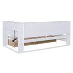 Lit de repos avec bibliothèque en L et 2 tiroirs, lit de jour en bois avec étagère de rangement et ports de chargement USB