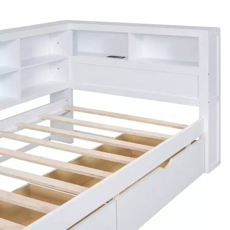 Lit de repos avec bibliothèque en L et 2 tiroirs, lit de jour en bois avec étagère de rangement et ports de chargement USB