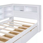 Lit de repos avec bibliothèque en L et 2 tiroirs, lit de jour en bois avec étagère de rangement et ports de chargement USB