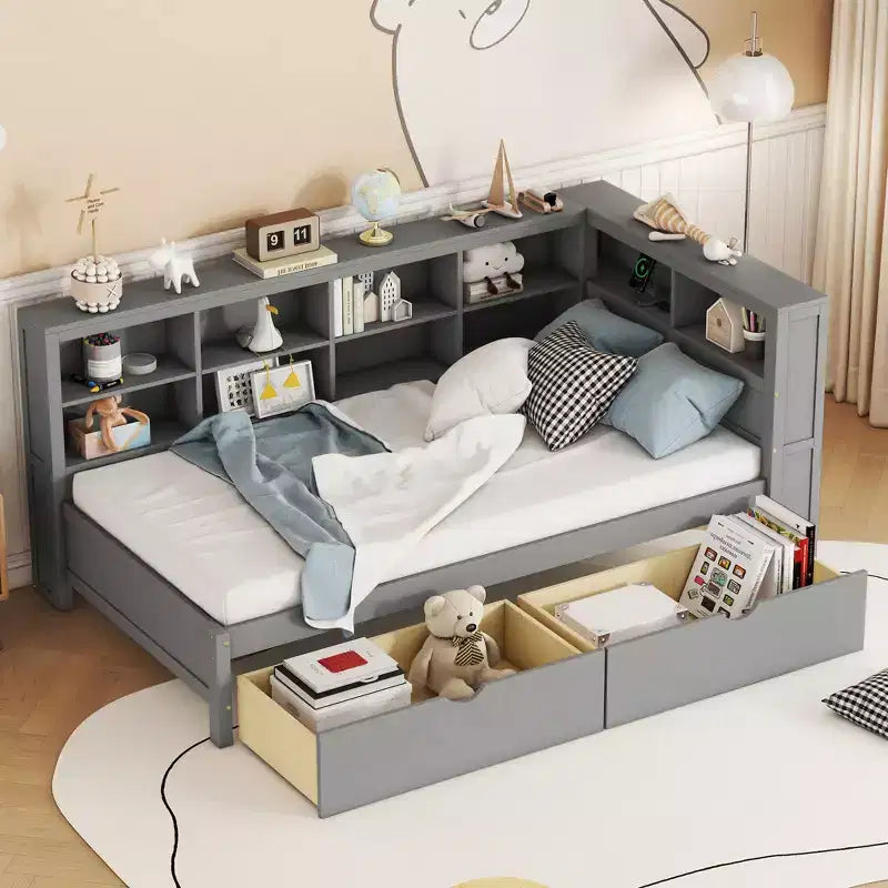 Lit de repos avec bibliothèque en L et 2 tiroirs, lit de jour en bois avec étagère de rangement et ports de chargement USB