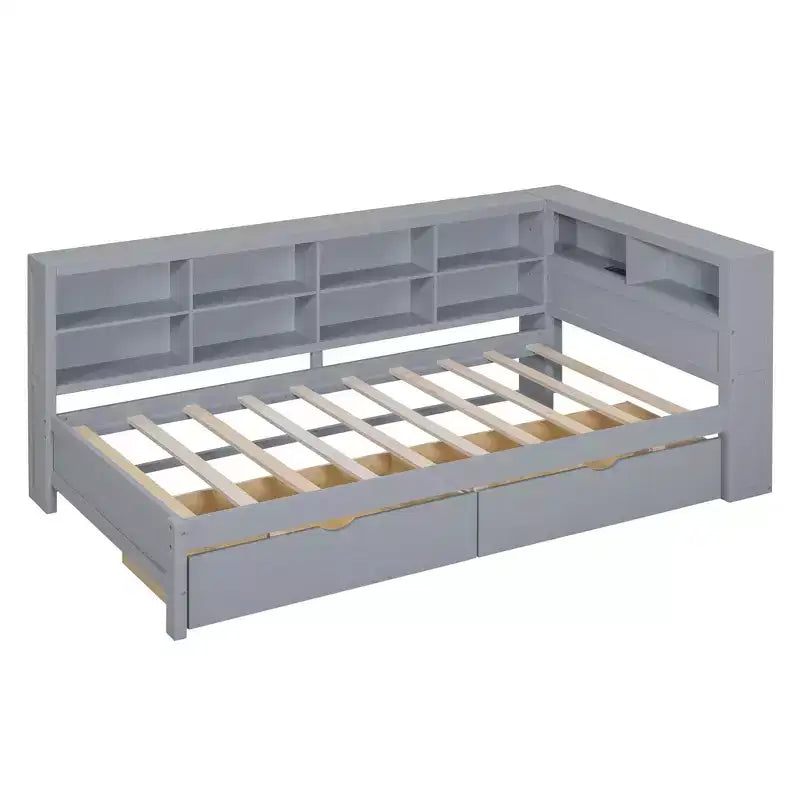 Lit de repos avec bibliothèque en L et 2 tiroirs, lit de jour en bois avec étagère de rangement et ports de chargement USB