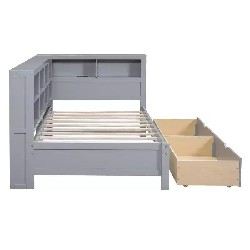 Lit de repos avec bibliothèque en L et 2 tiroirs, lit de jour en bois avec étagère de rangement et ports de chargement USB