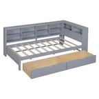 Lit de repos avec bibliothèque en L et 2 tiroirs, lit de jour en bois avec étagère de rangement et ports de chargement USB